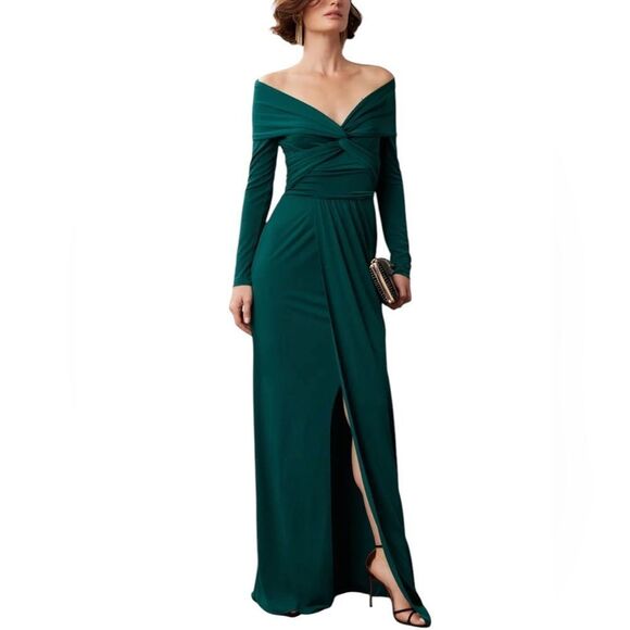 Zac Posen Green Twisted Wrap Off the Shoulder Gown  size 2 - Picture 1 of 10